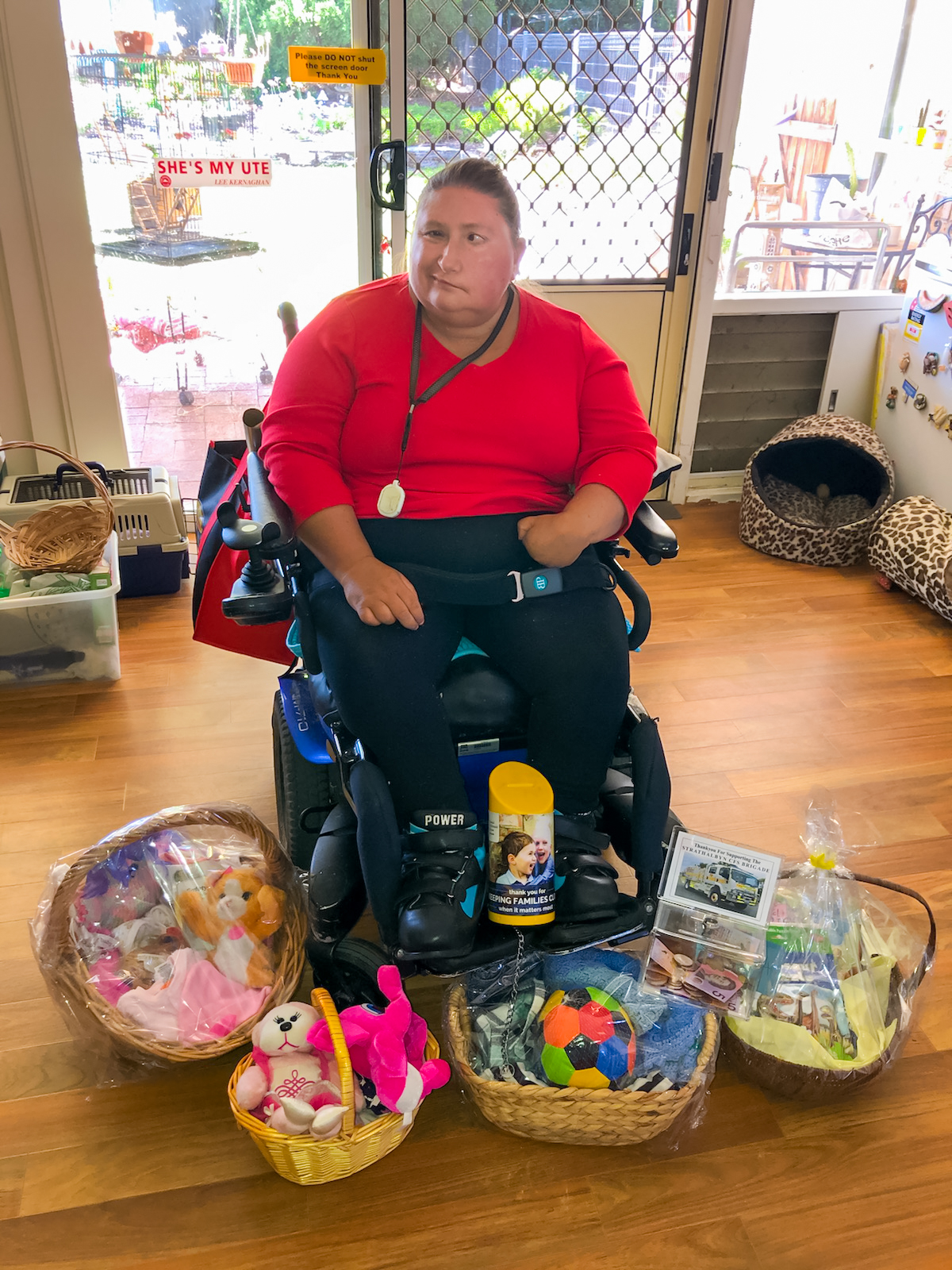 Karen with her charity gift baskets 